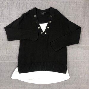 Simply Vera Sweater Women Large Black Layered Grommet V Neck